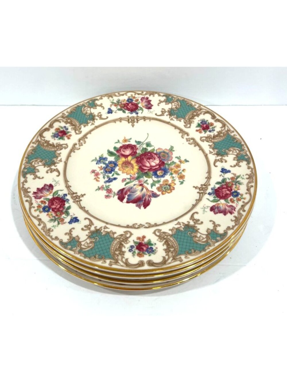 Set of 4 Syracuse China Old Ivory Romance Green Dinner Plates Flowers Gold Trim